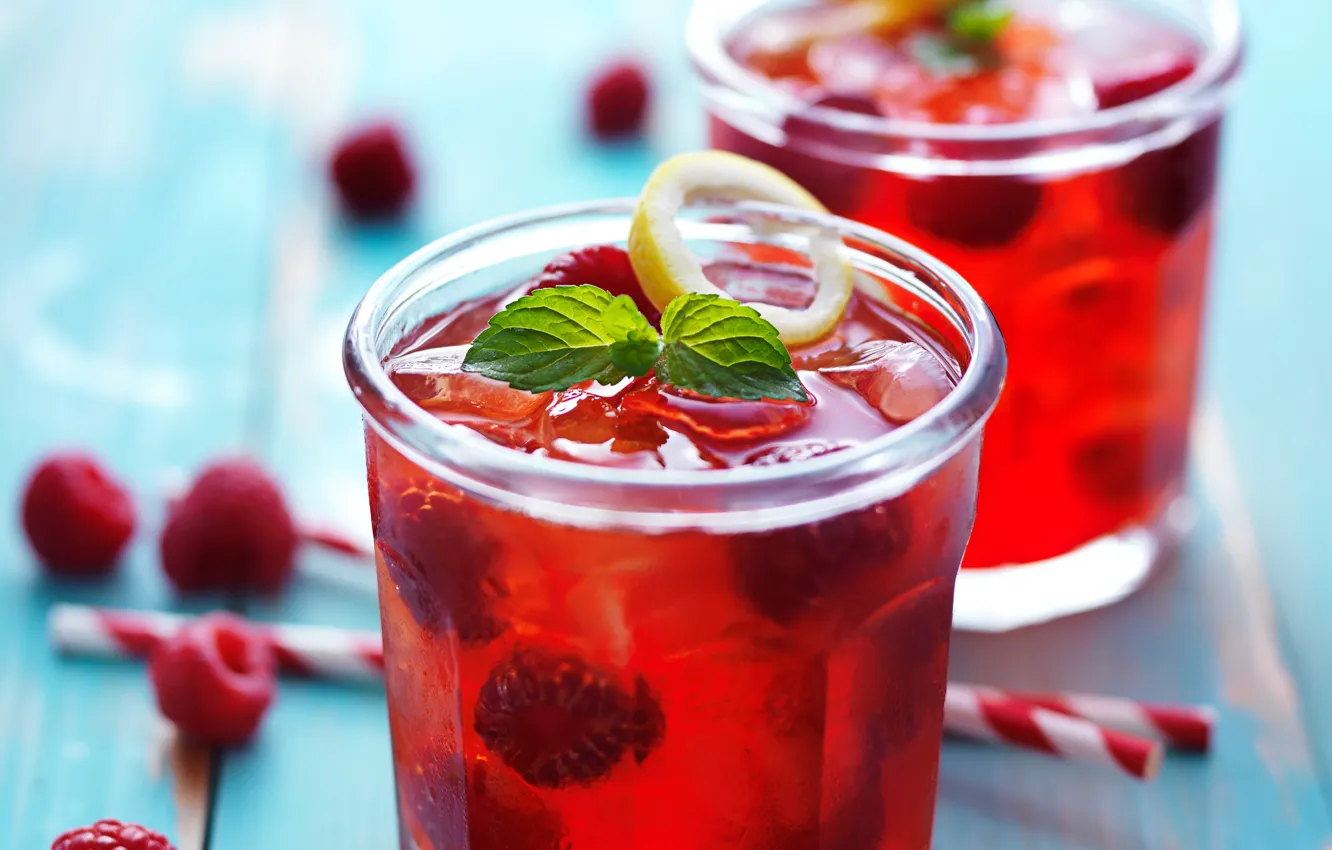 Photo wallpaper ice, glass, berries, raspberry, cocktail, drink, mint, tube