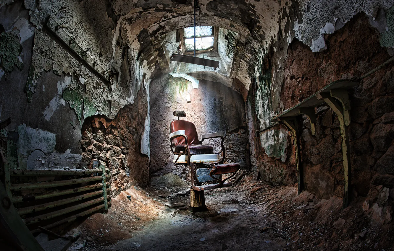 Photo wallpaper chair, devastation, prison, sunlight, Barber, sunroof