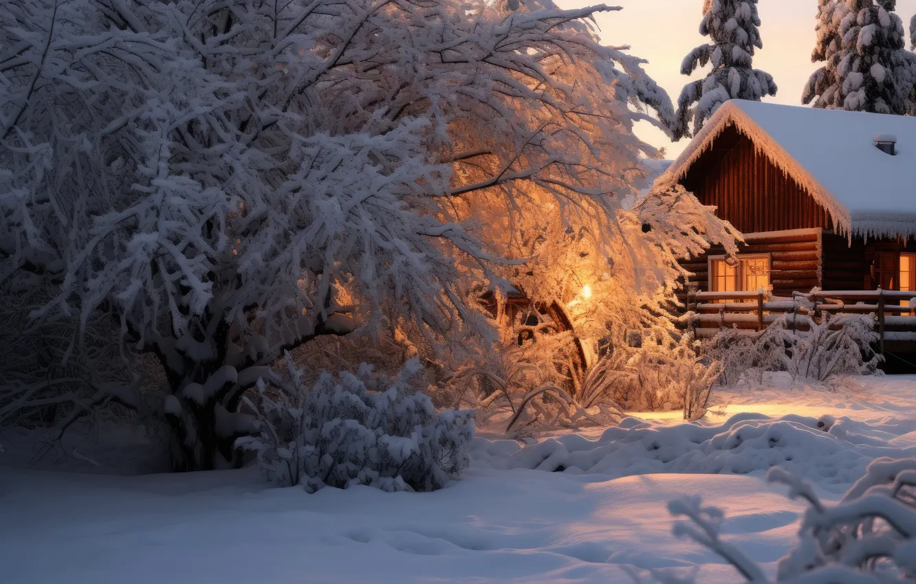 Photo wallpaper winter, forest, snow, house, house, hut, forest, winter