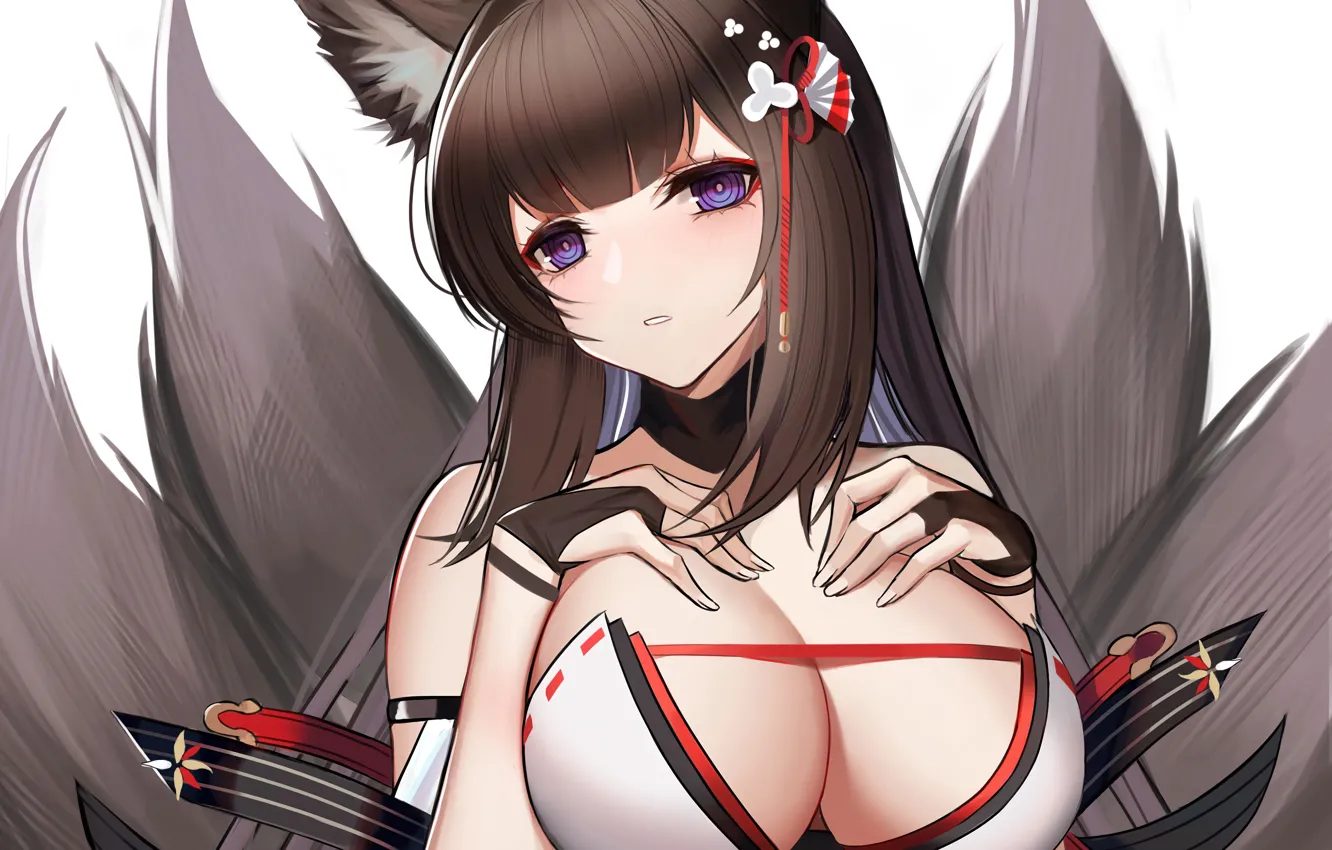 Photo wallpaper girl, sexy, cleavage, blouse, long hair, brown hair, boobs, animal ears