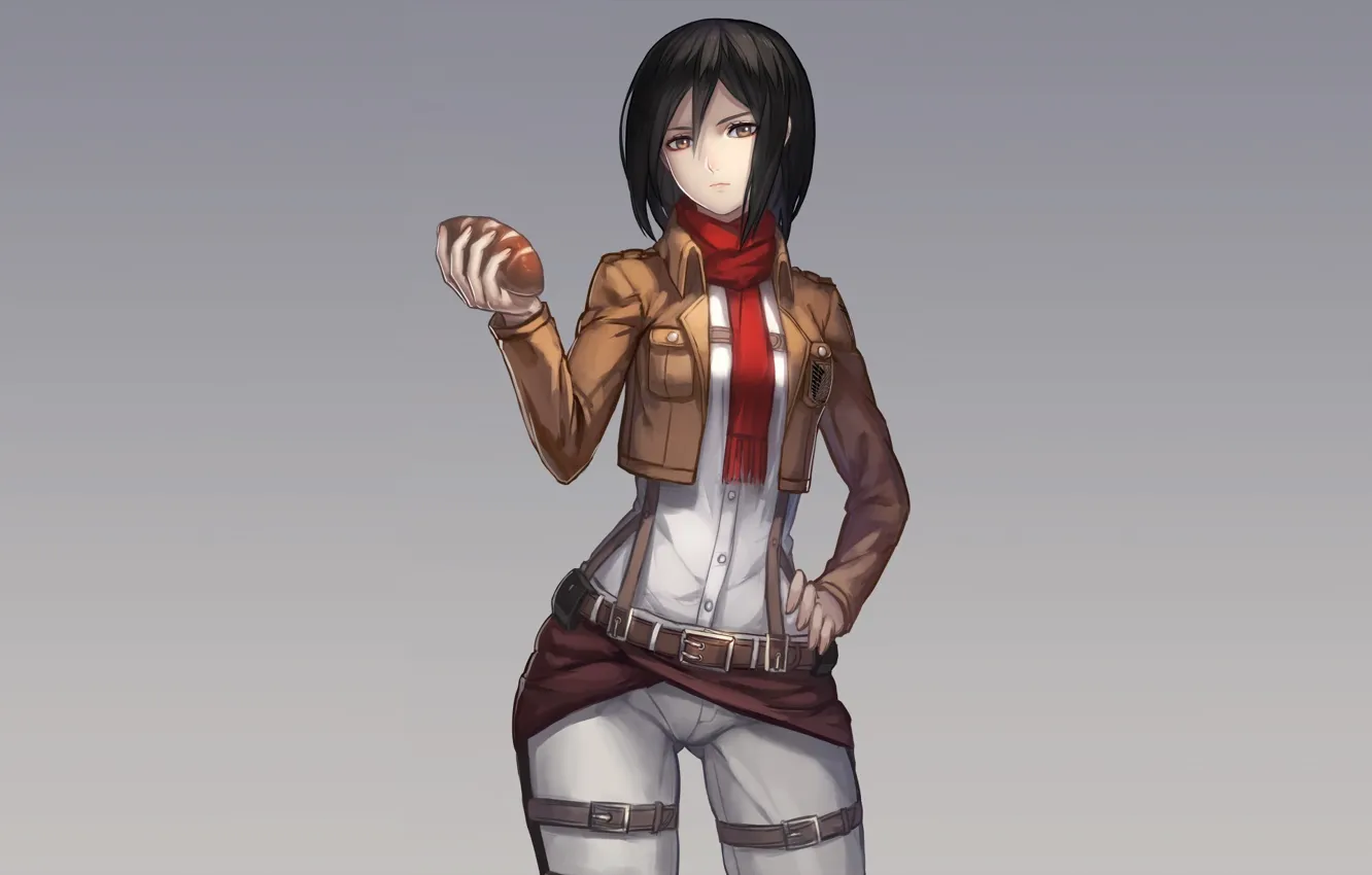 Photo wallpaper look, girl, bread, gesture, art, shingeki no kyojin, mikasa ackerman, ryuuzaki itsu