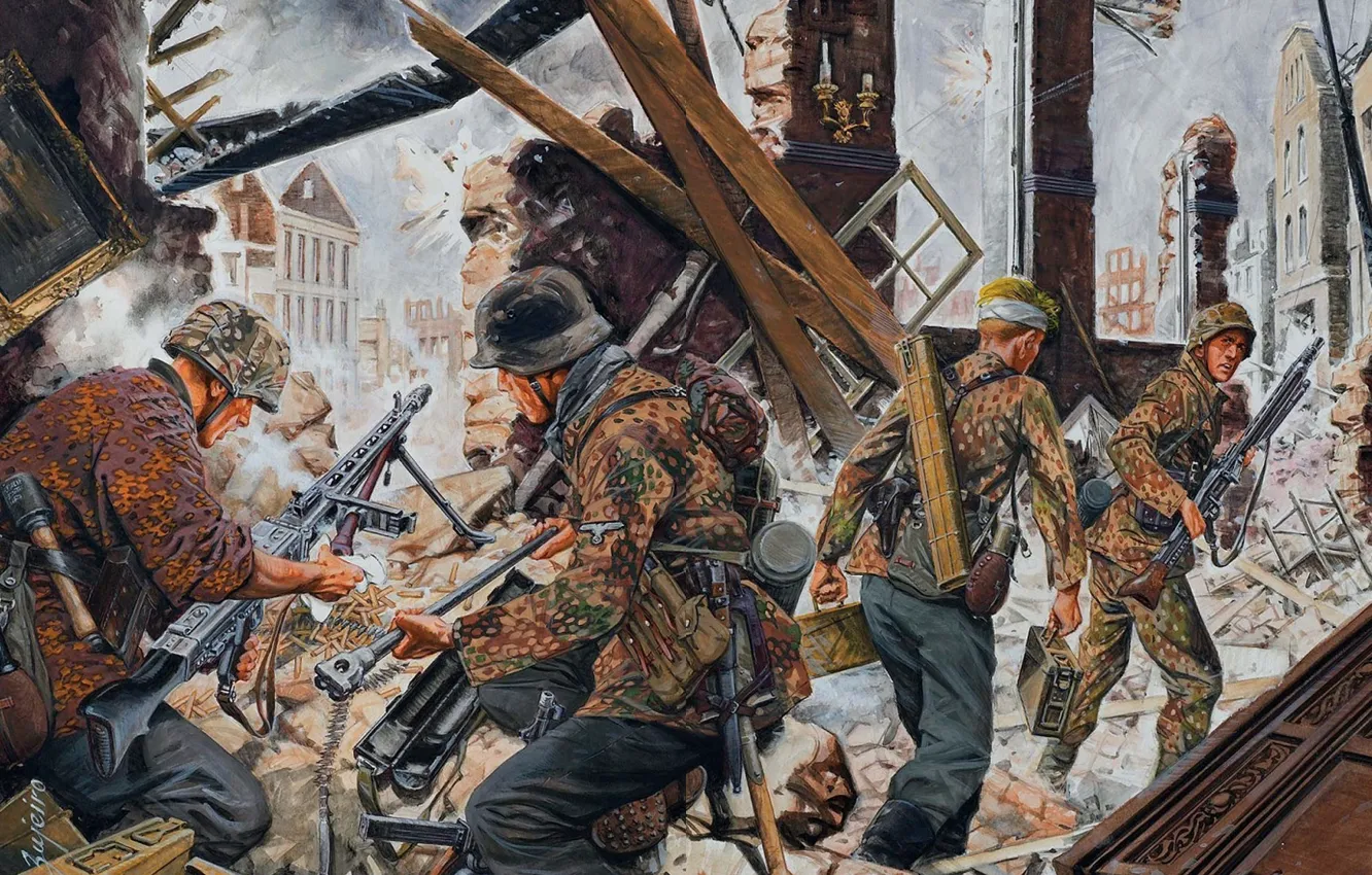 Photo wallpaper the city, war, figure, home, art, the ruins, camouflage, uniform