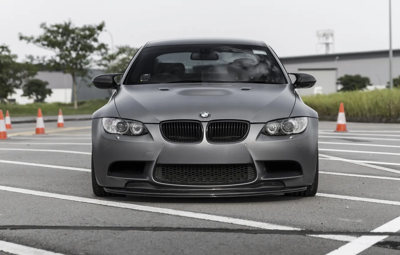 Photo wallpaper grey, bmw, BMW, grey, the front, e92, traffic cones
