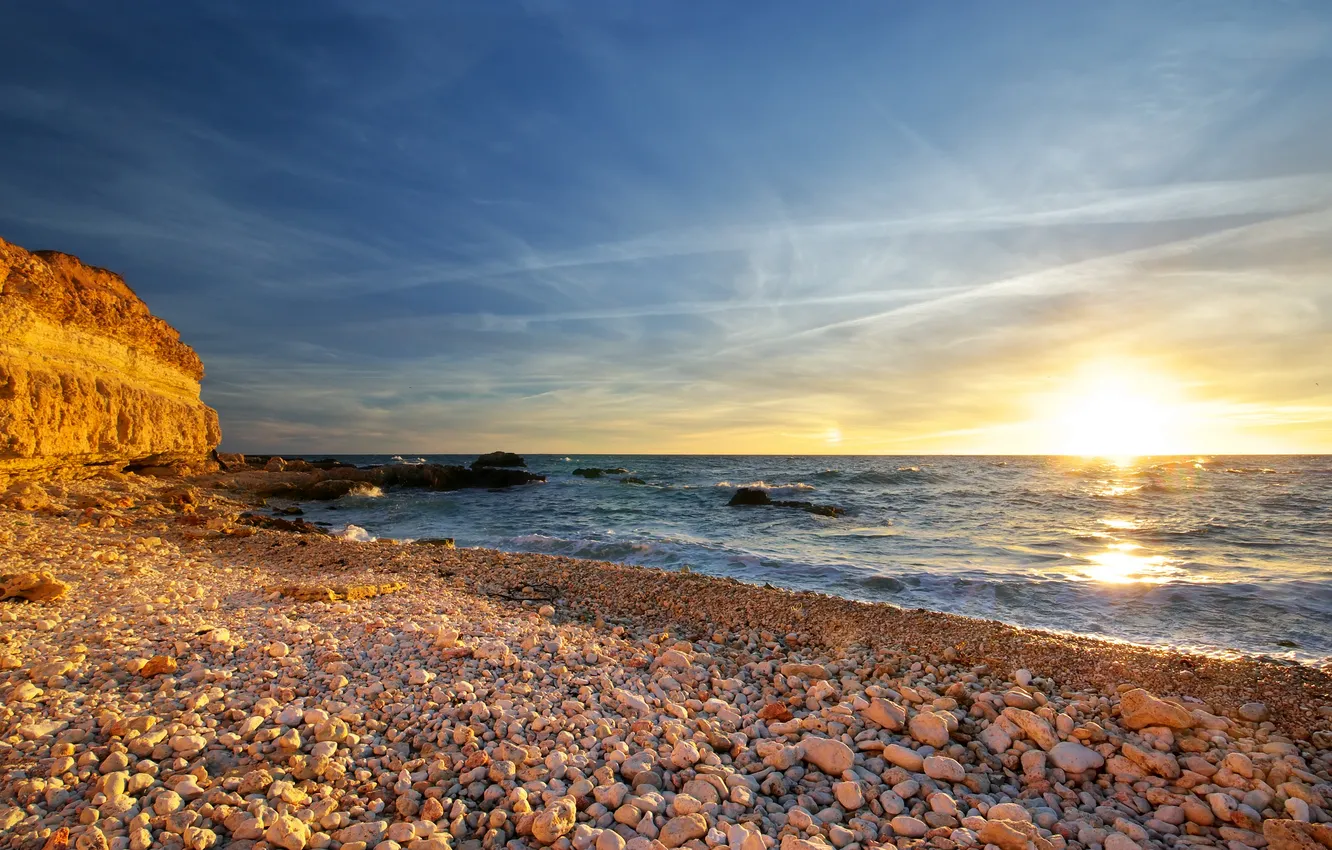 Photo wallpaper sea, beach, the sky, stones, the ocean, rocks, coast
