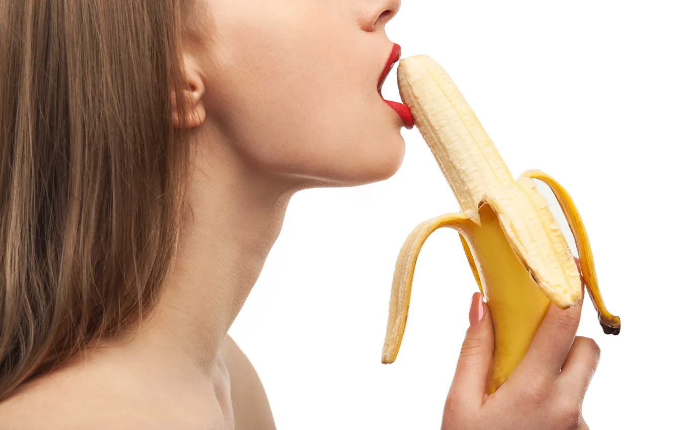Photo wallpaper girl, hair, lips, bananas, side, lips, banana, closeup