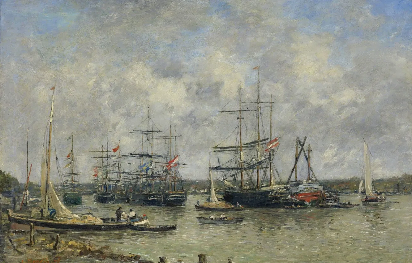 Photo wallpaper river, picture, Bordeaux, Eugene Boudin, Eugene Boudin, A three-masted ship on the Garonne