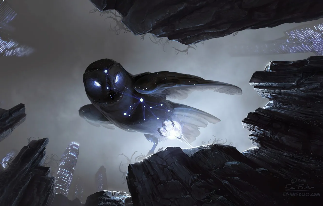 Photo wallpaper look, fog, fiction, rocks, owl, bird, building, art