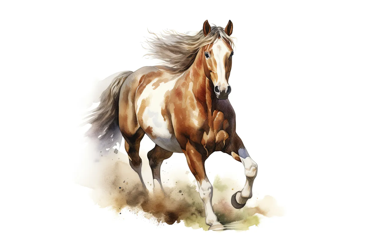 Photo wallpaper horse, horse, running, watercolor, white background, painting, imitation of watercolor, AI art