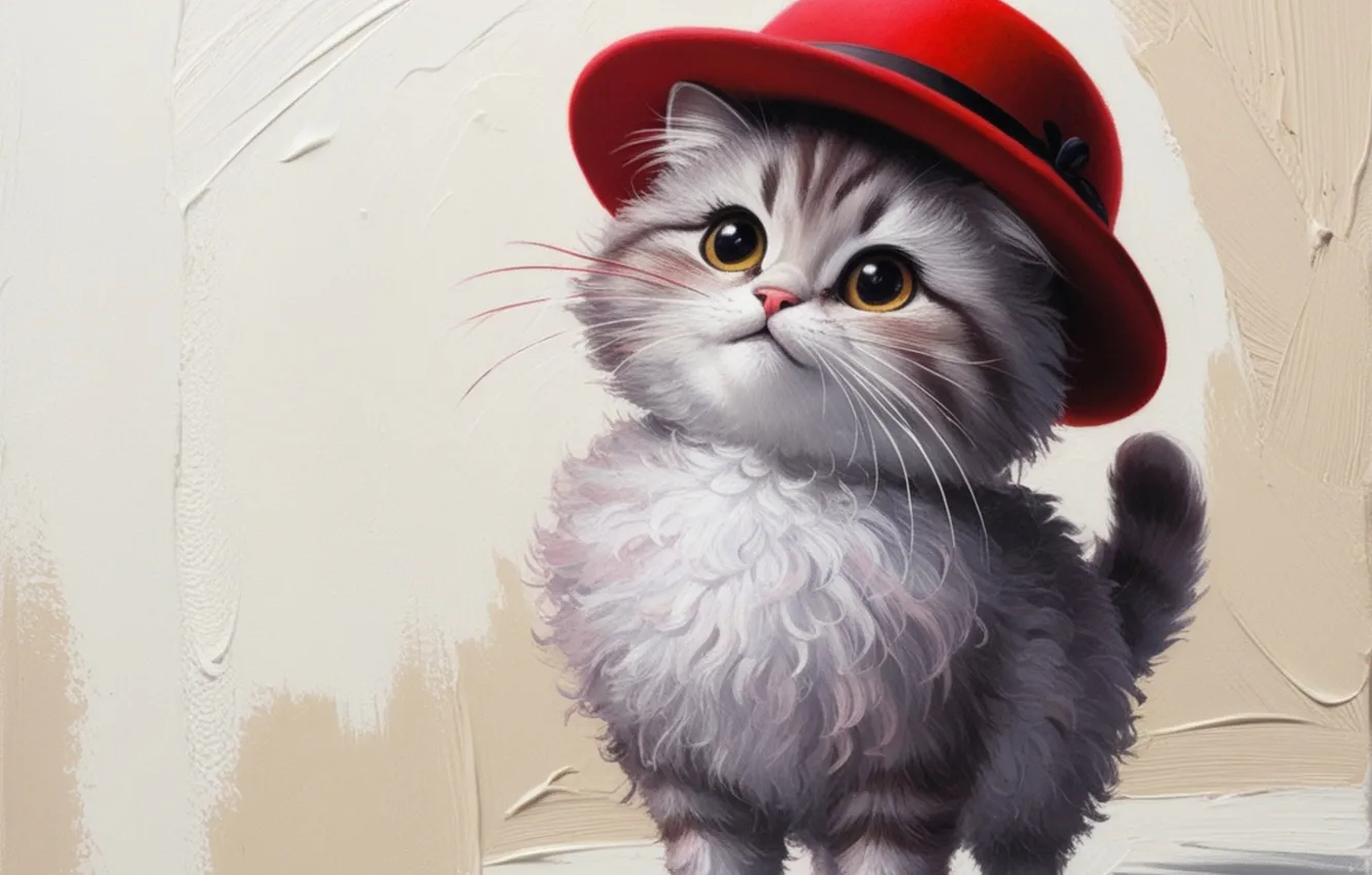 Photo wallpaper cat, look, red, pose, grey, paint, hat, kitty