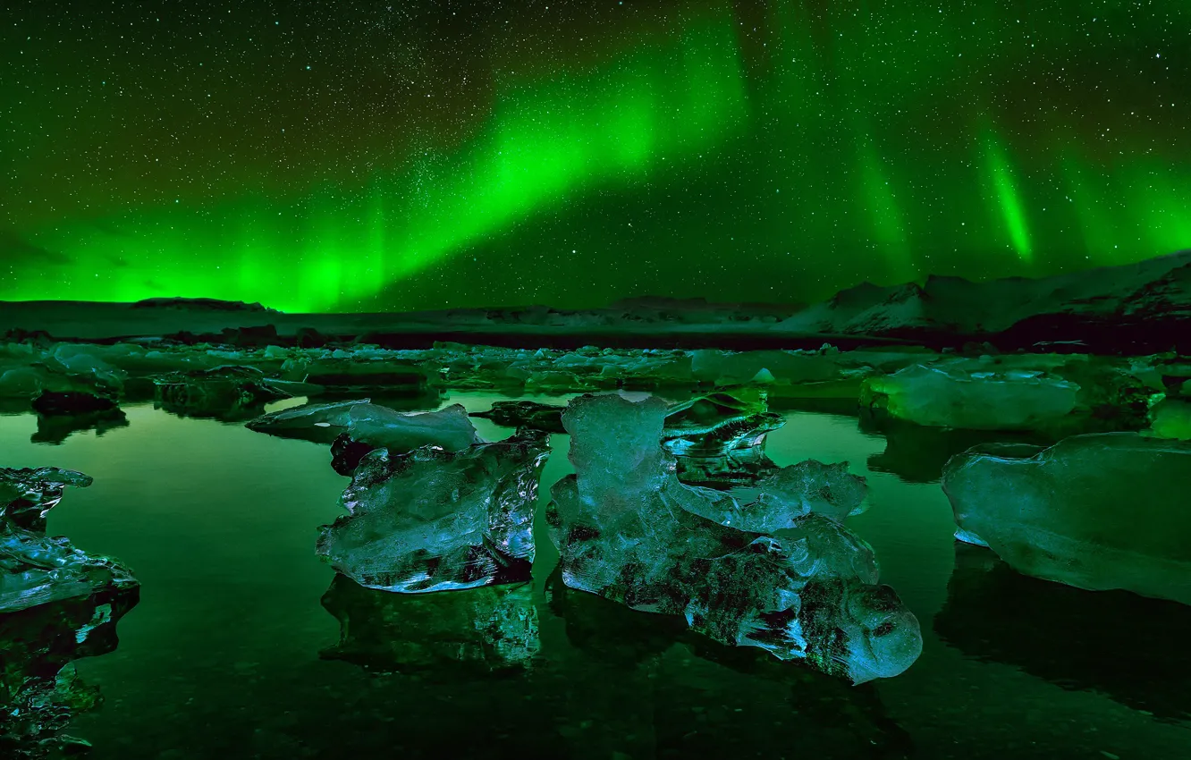 Photo wallpaper ice, stars, night, Northern lights, Iceland, the glacial lagoon of Jökulsárlón
