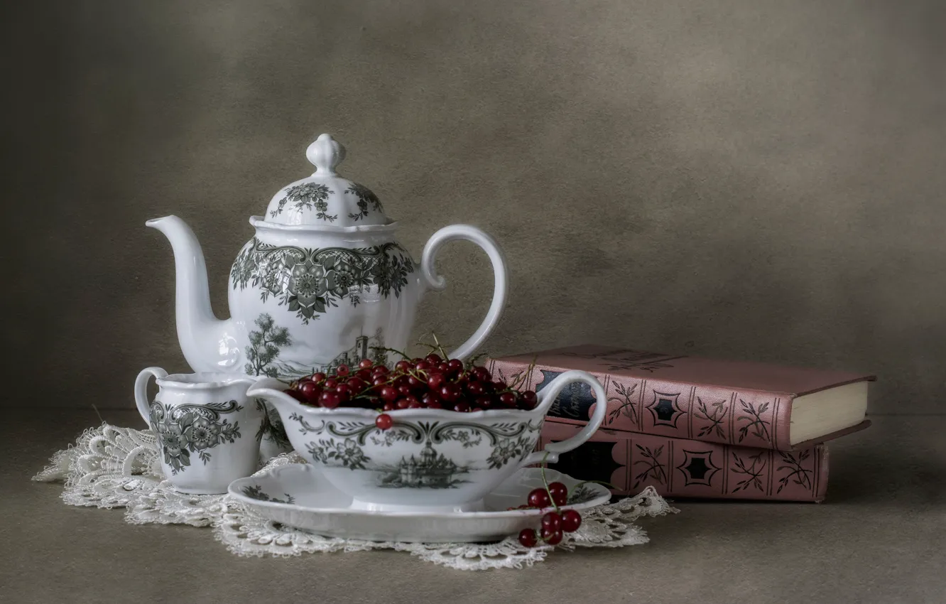 Photo wallpaper red, table, kettle, plate, Cup, dishes, book, still life