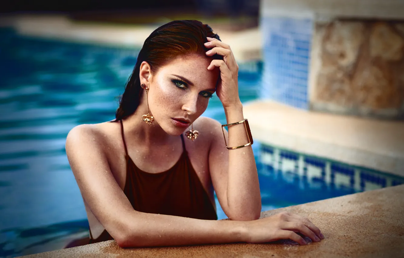 Photo wallpaper look, model, portrait, wet, pool, makeup, hairstyle, brown hair