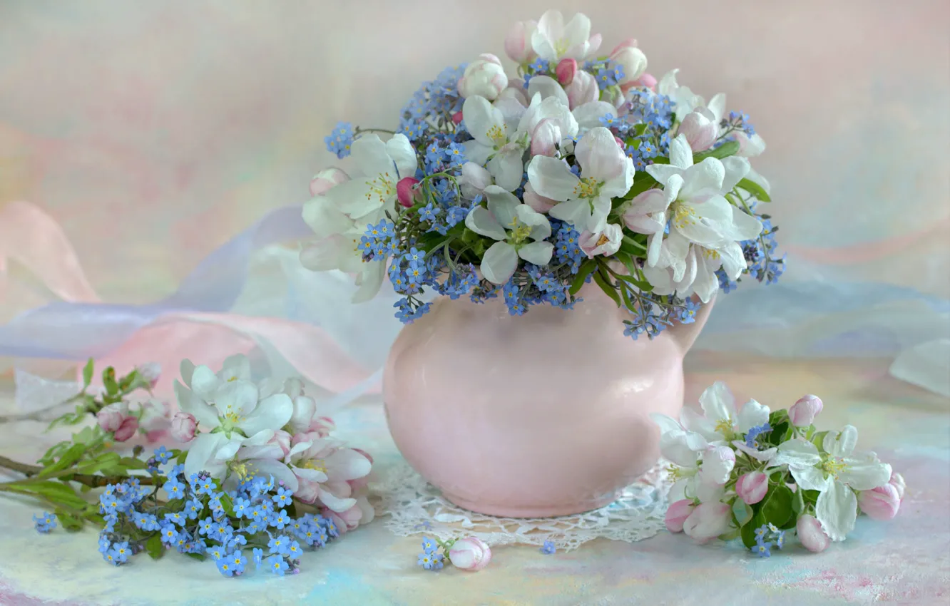 Photo wallpaper flowers, branches, table, bouquet, spring, petals, blue, vase