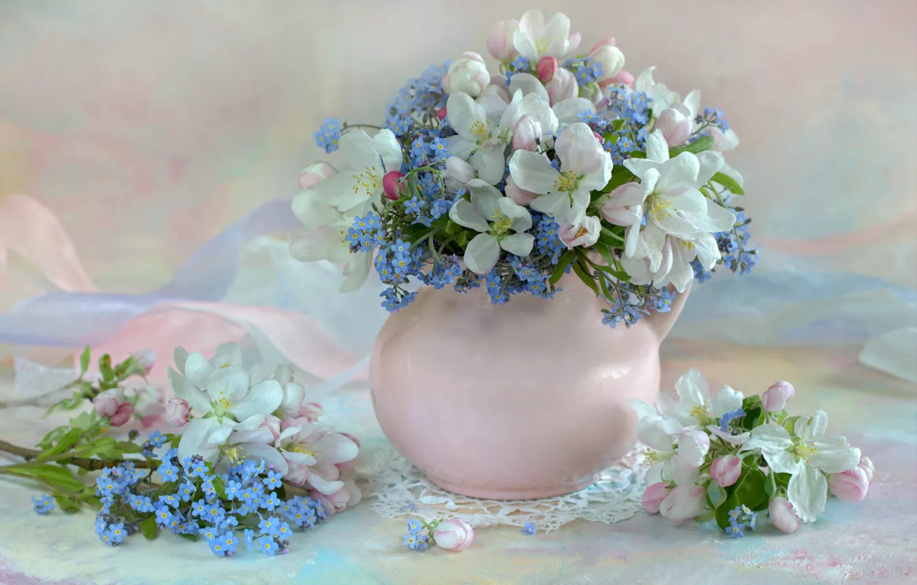 Photo wallpaper flowers, branches, table, blue, bouquet, spring, petals, vase