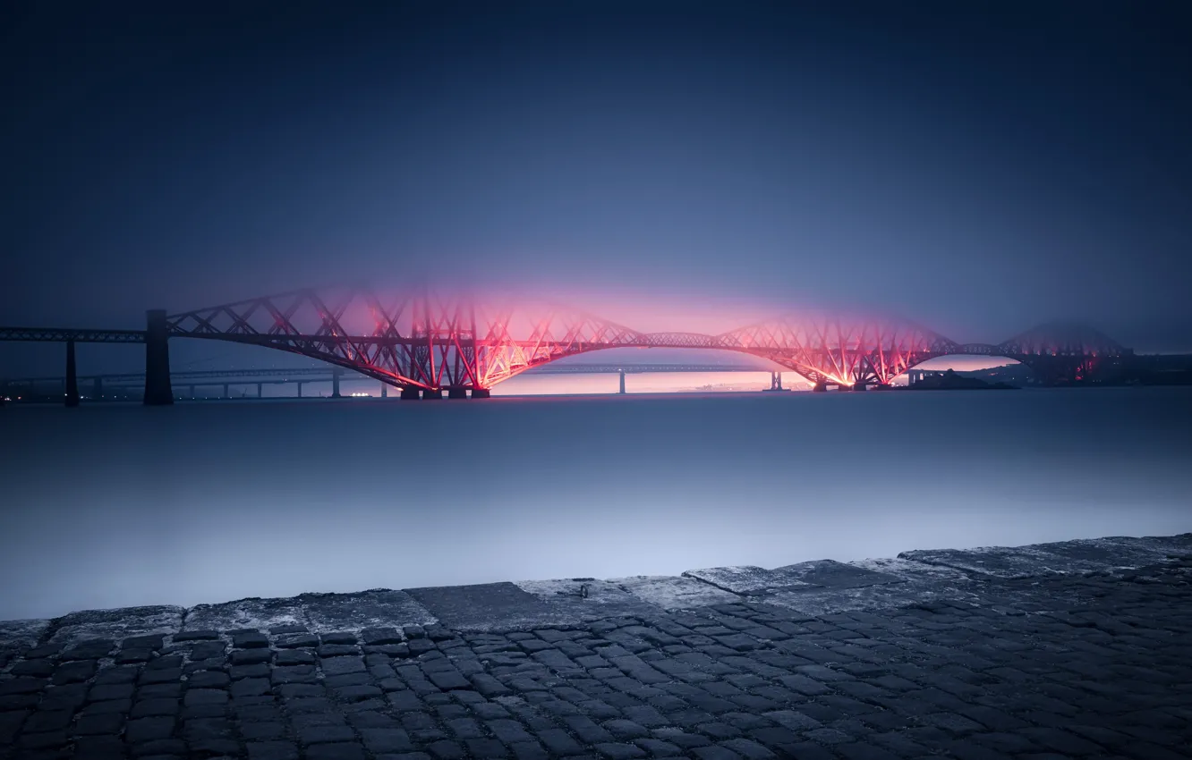 Photo wallpaper night, bridge, fog