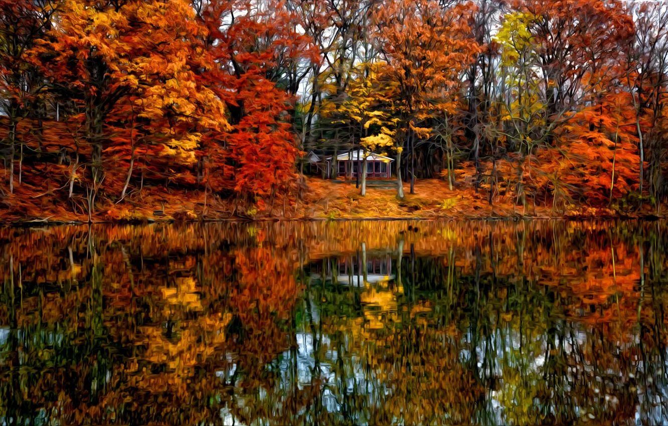 Photo wallpaper autumn, forest, trees, landscape, Villa, home, Nature, house