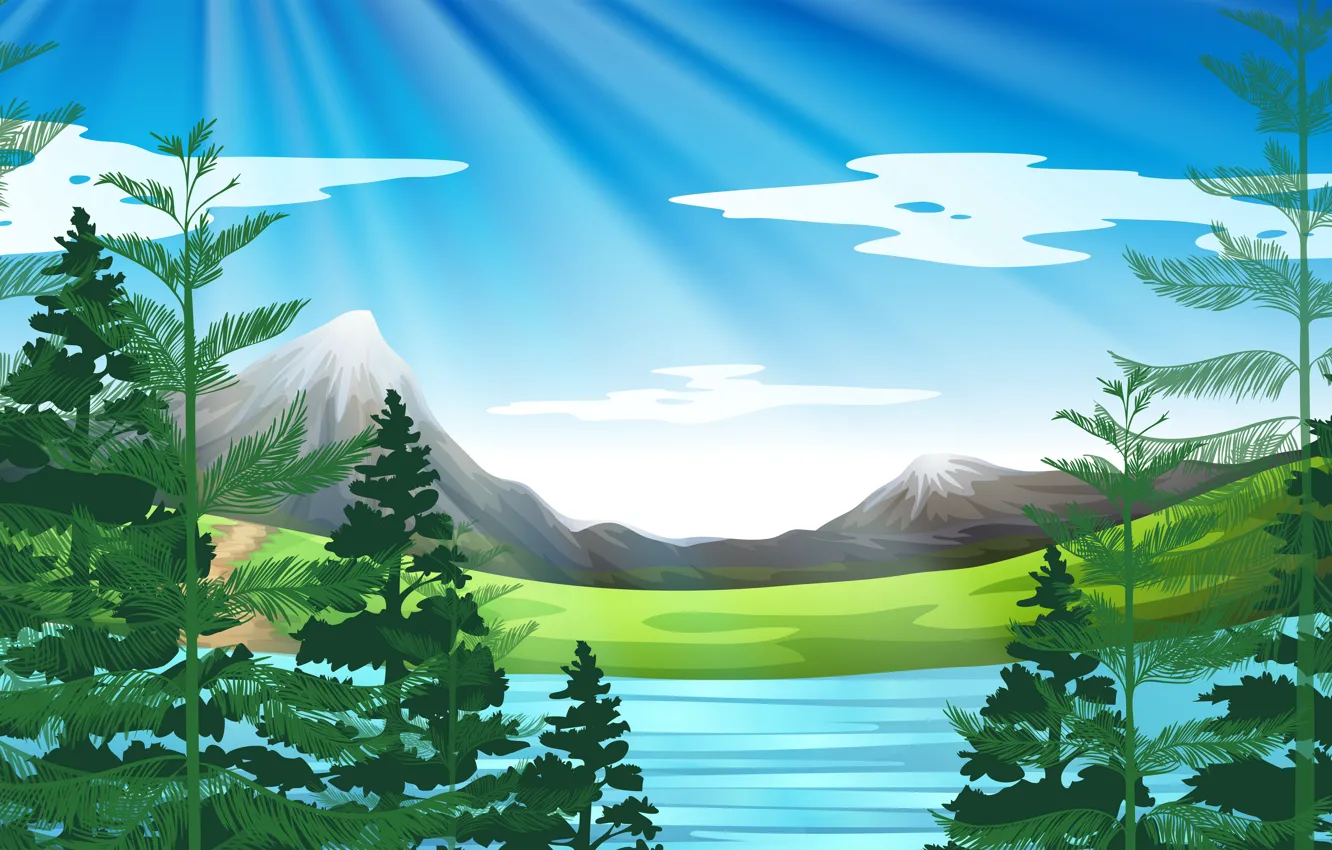 Photo wallpaper the sun, trees, mountains, nature, rendering, trees, nature, mountains