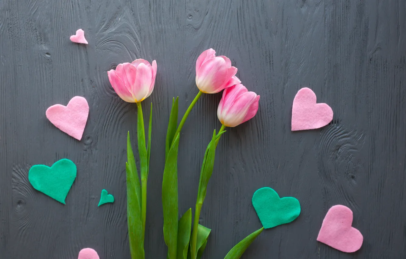 Photo wallpaper flowers, bouquet, hearts, tulips, love, pink, wood, pink