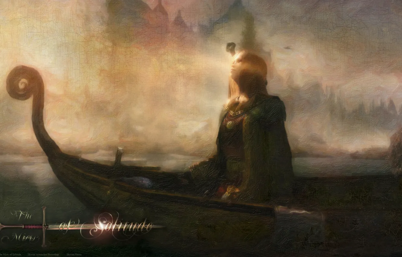 Photo wallpaper girl, Skyrim, boat, The Elder Scrolls V Skyrim, mist, Pray