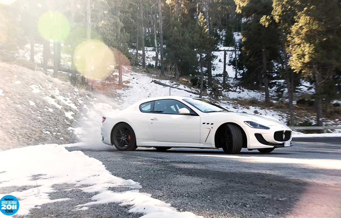 Photo wallpaper forest, white, snow, trees, Maserati, skid, supercar, side view