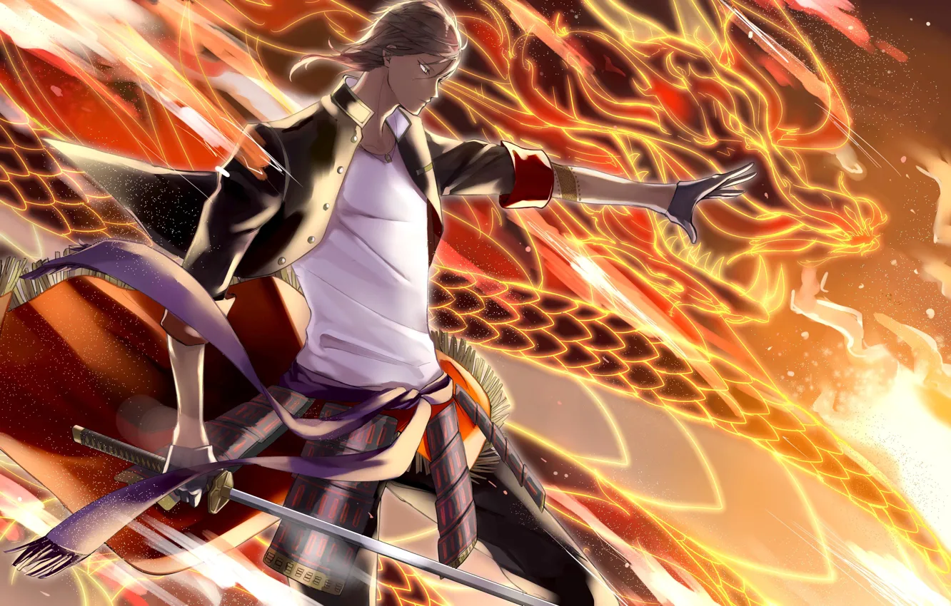 Photo wallpaper fire, anime, art, guy, touken ranbu