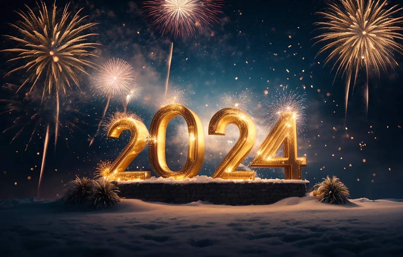 Photo wallpaper new year, salute, figures, golden, New Year, numbers, 2024, fieworks