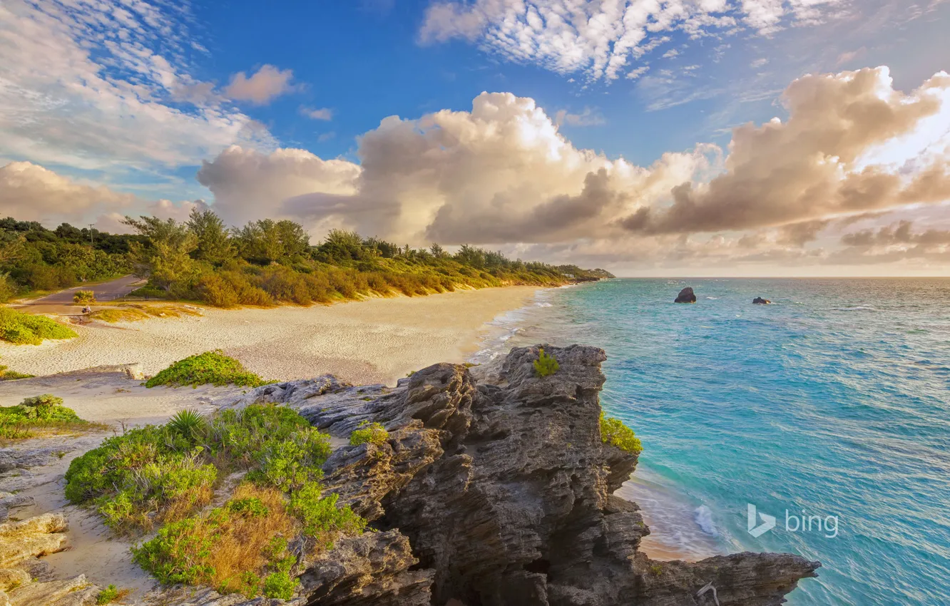 Photo wallpaper sea, beach, clouds, nature, stones, Warwick Long Bay, Bermuda