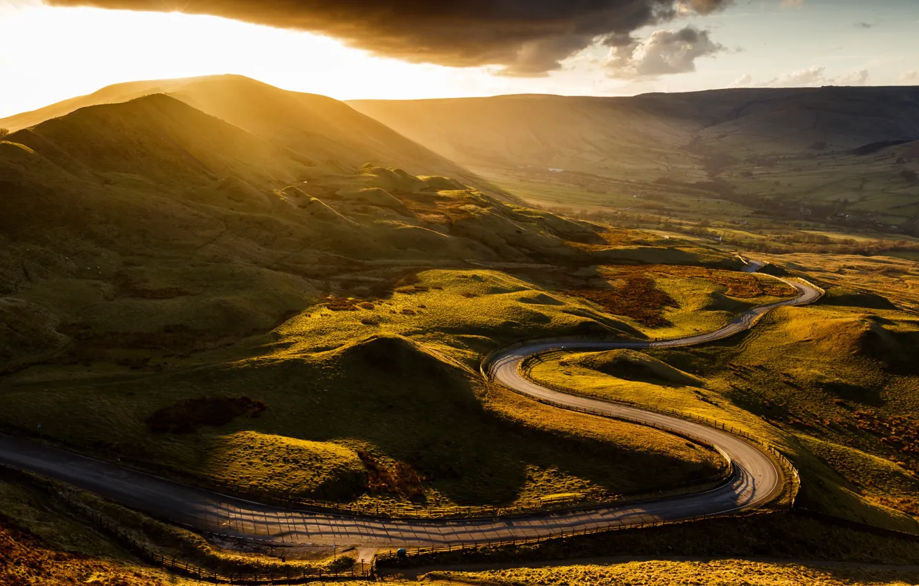 Photo wallpaper road, the sun, clouds, mountains, England, valley, Derbyshire, Mam Tor