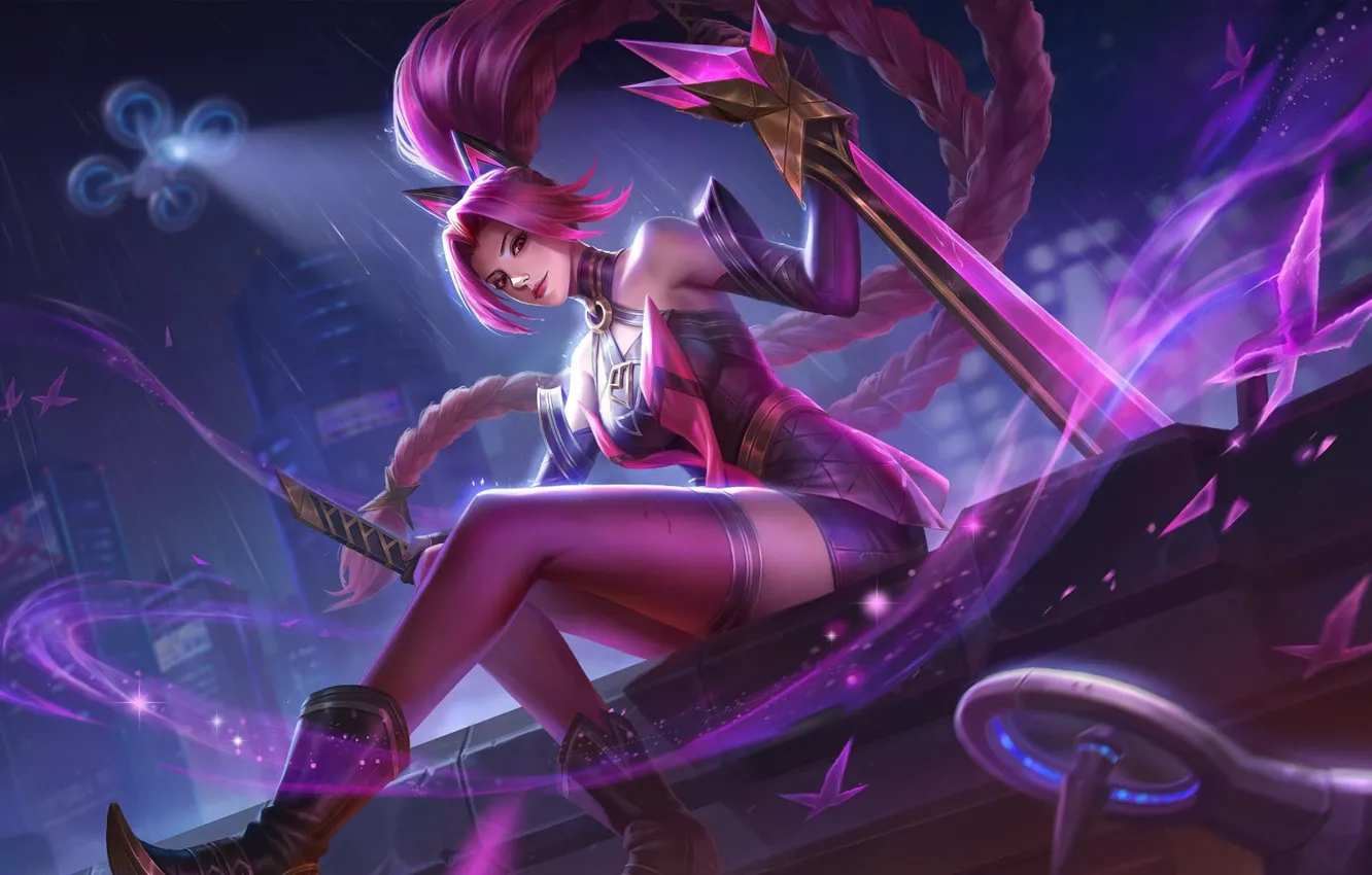 Photo wallpaper flight, night, skyscrapers, stockings, arena, beautiful girl, mob, drone