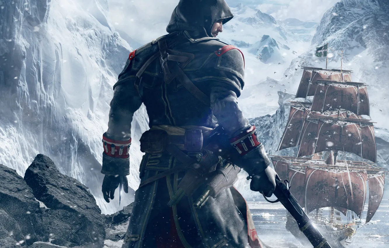 Photo wallpaper snow, mountains, weapons, back, ship, ice, hood, Templar