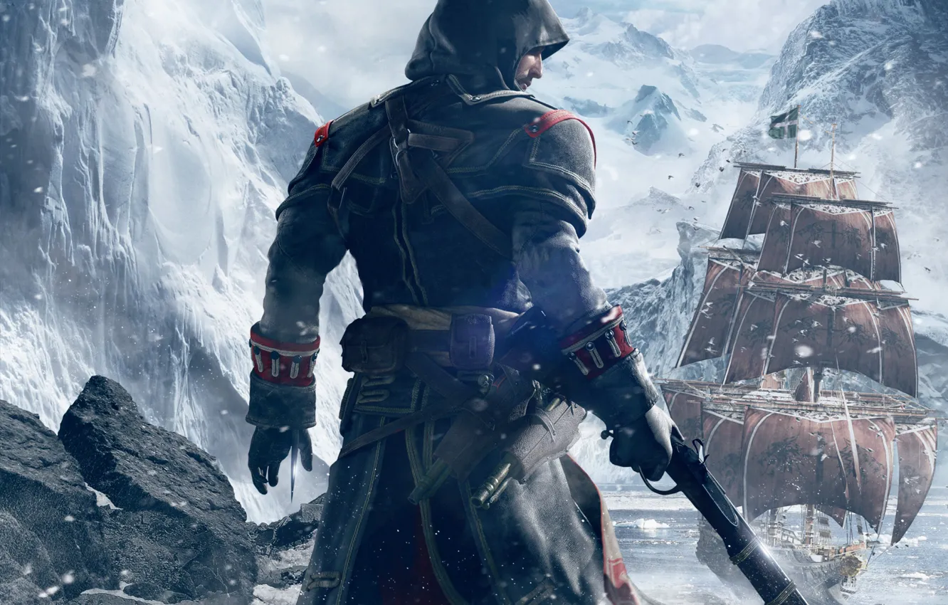 Photo wallpaper ice, snow, mountains, weapons, back, ship, hood, sail