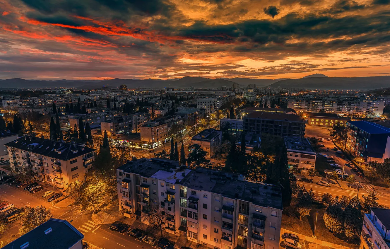 Photo wallpaper the sky, trees, sunset, mountains, street, home, Montenegro, Podgorica