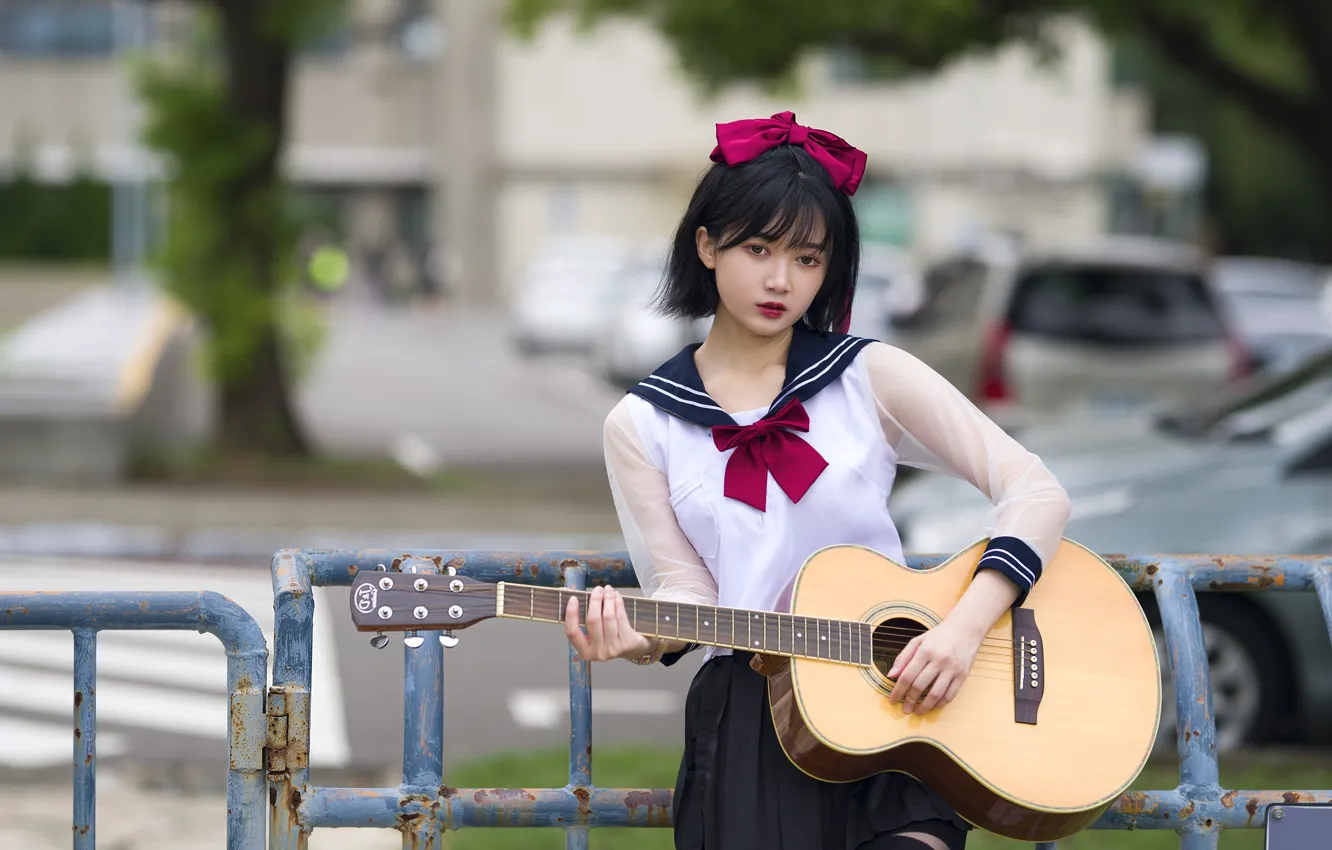 Photo wallpaper girl, the city, guitar, skirt, brunette, blouse, Asian, bow