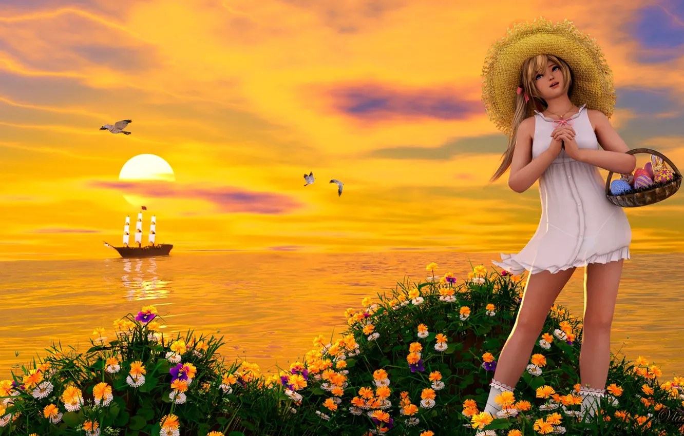 Photo wallpaper girl, sunset, flowers