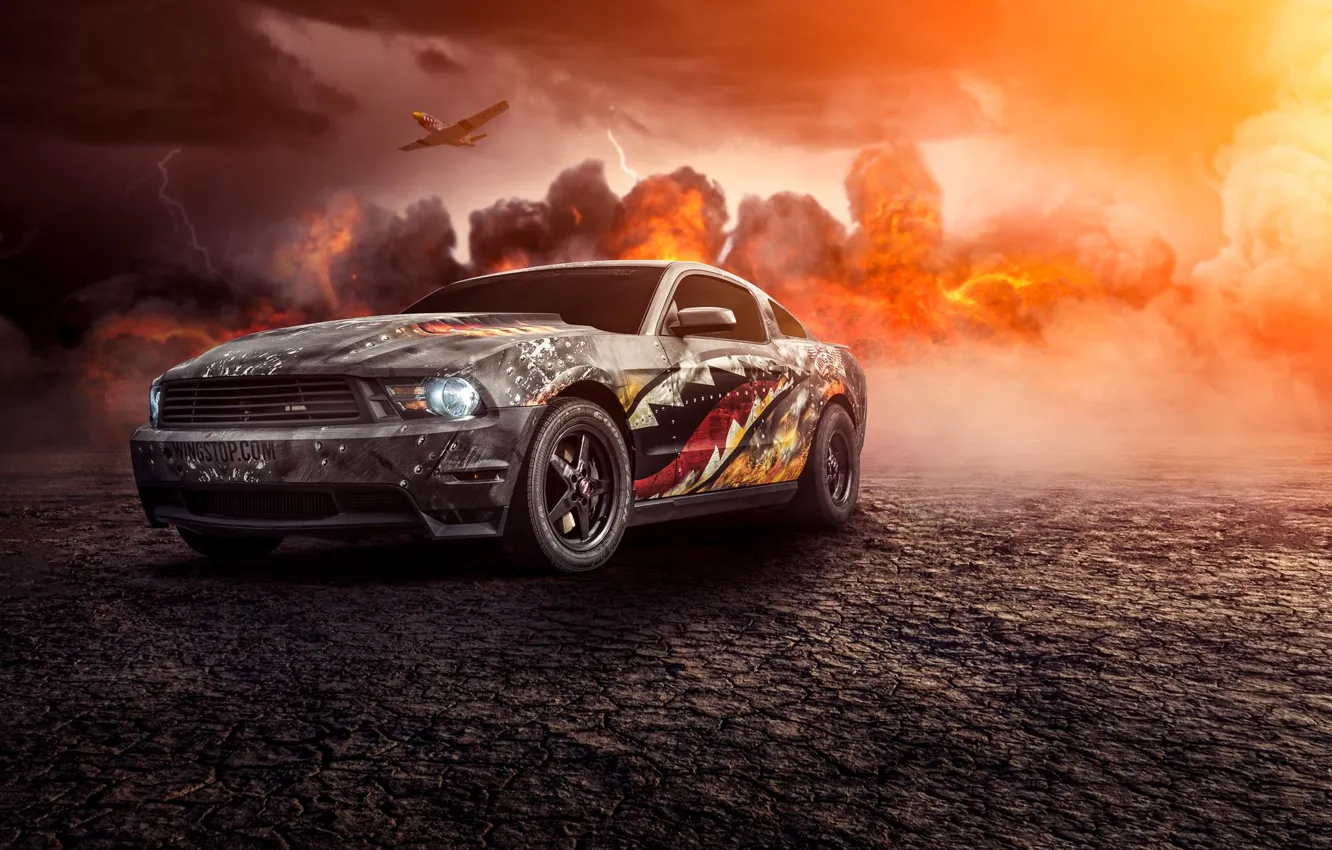 Photo wallpaper Mustang, Ford, Muscle, Car, Fire, Front, Turbo, Perfomance