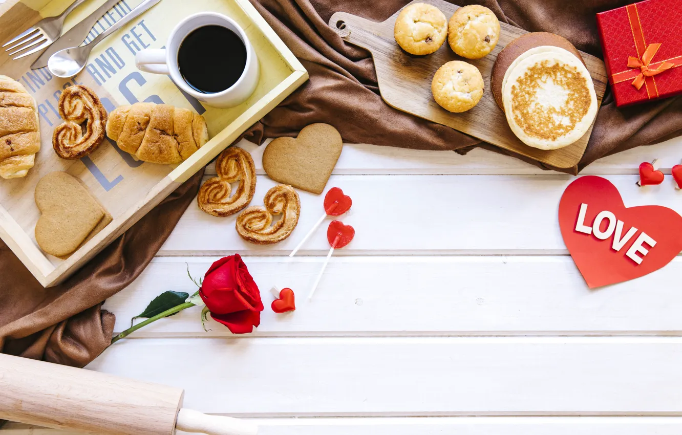 Photo wallpaper love, red, gift, roses, Breakfast, red, love, heart