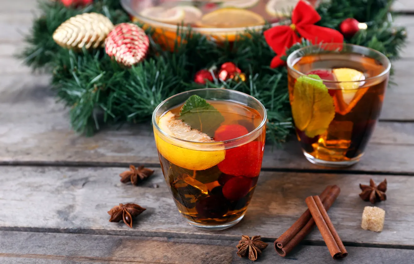 Photo wallpaper glass, lemon, tea, new year, Christmas, drink, cinnamon, spices