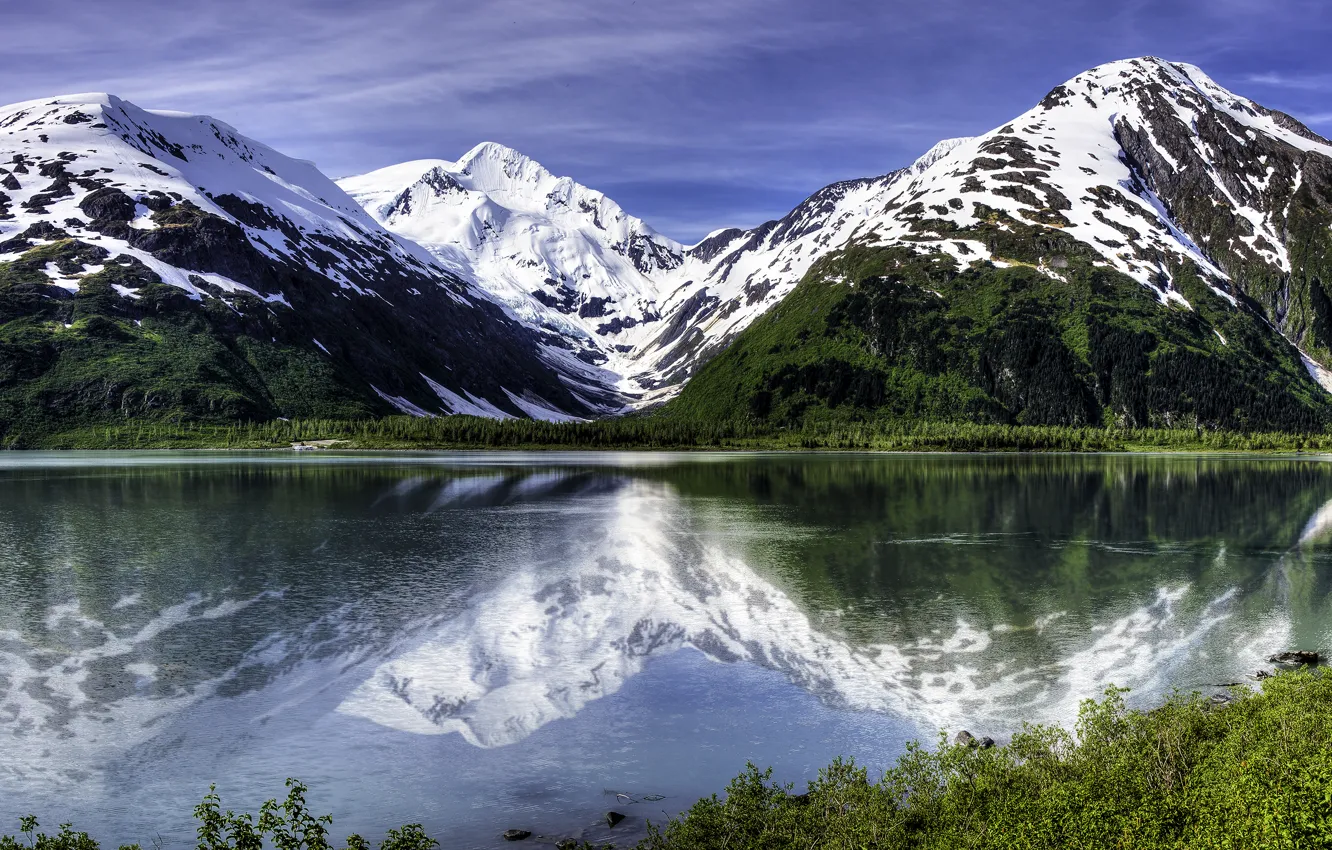 Photo wallpaper mountains, lake, reflection, Alaska, Alaska, Portage Lake, glacier Portage, lake Portage