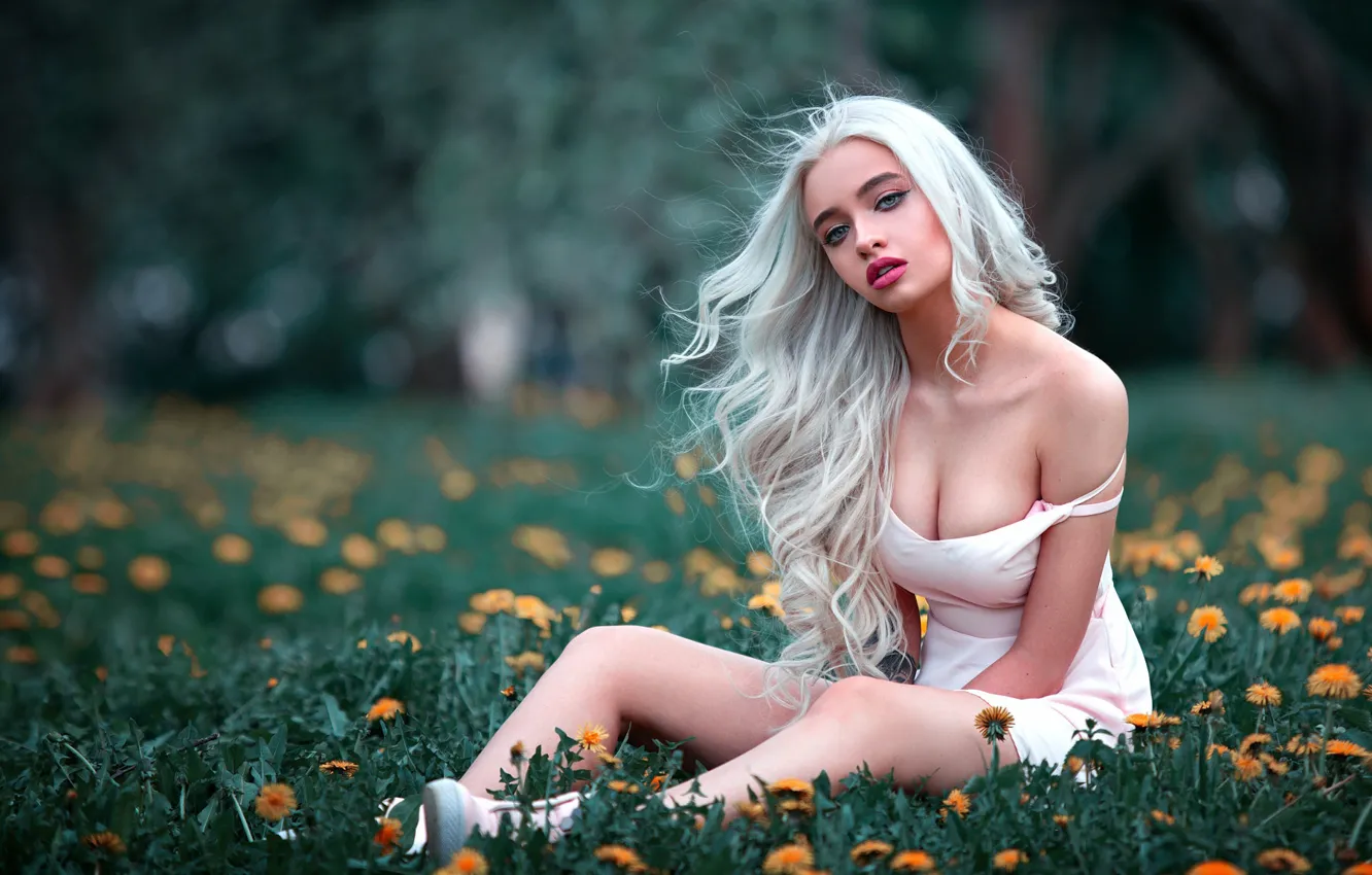 Photo wallpaper look, trees, flowers, nature, pose, model, portrait, makeup