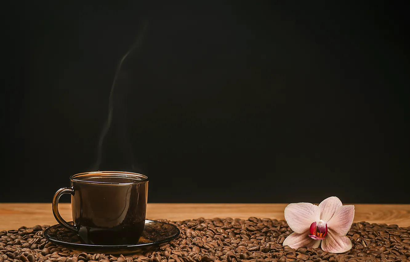 Photo wallpaper flowers, table, coffee, hot, grain, pair, Cup, drink
