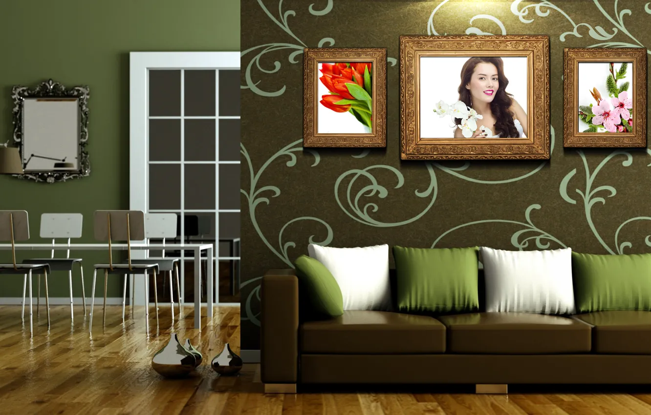 Photo wallpaper room, sofa, wall, picture, dining room