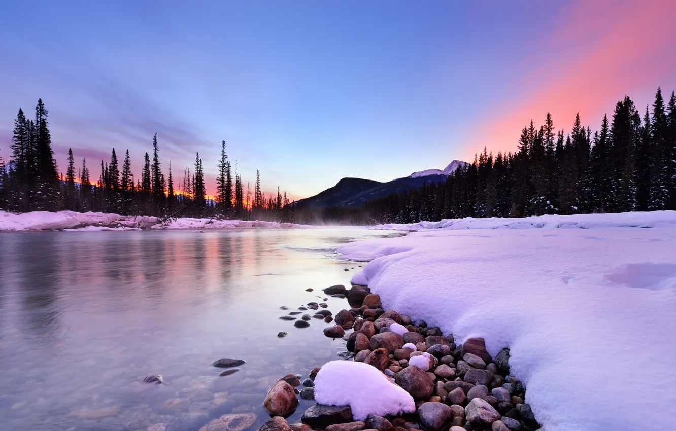 Photo wallpaper winter, forest, the sky, clouds, snow, sunset, mountains, pebbles