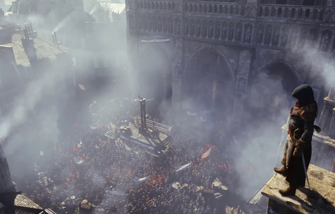 Photo wallpaper smoke, the crowd, assassin, Assassin's Creed: Unity, Assassin's Creed: Unity, Arno Dorian, the French revolution