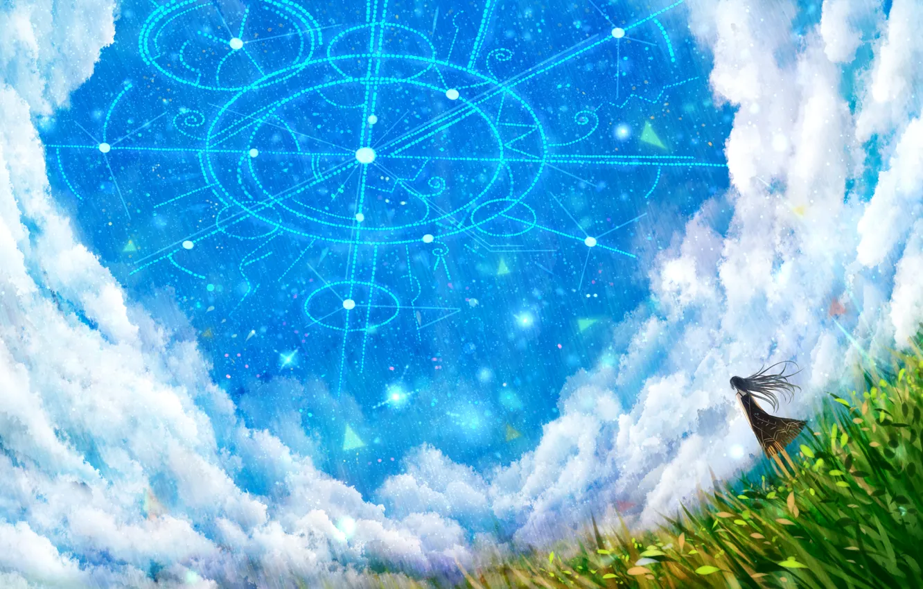Photo wallpaper the sky, grass, girl, stars, clouds, nature, anime, art