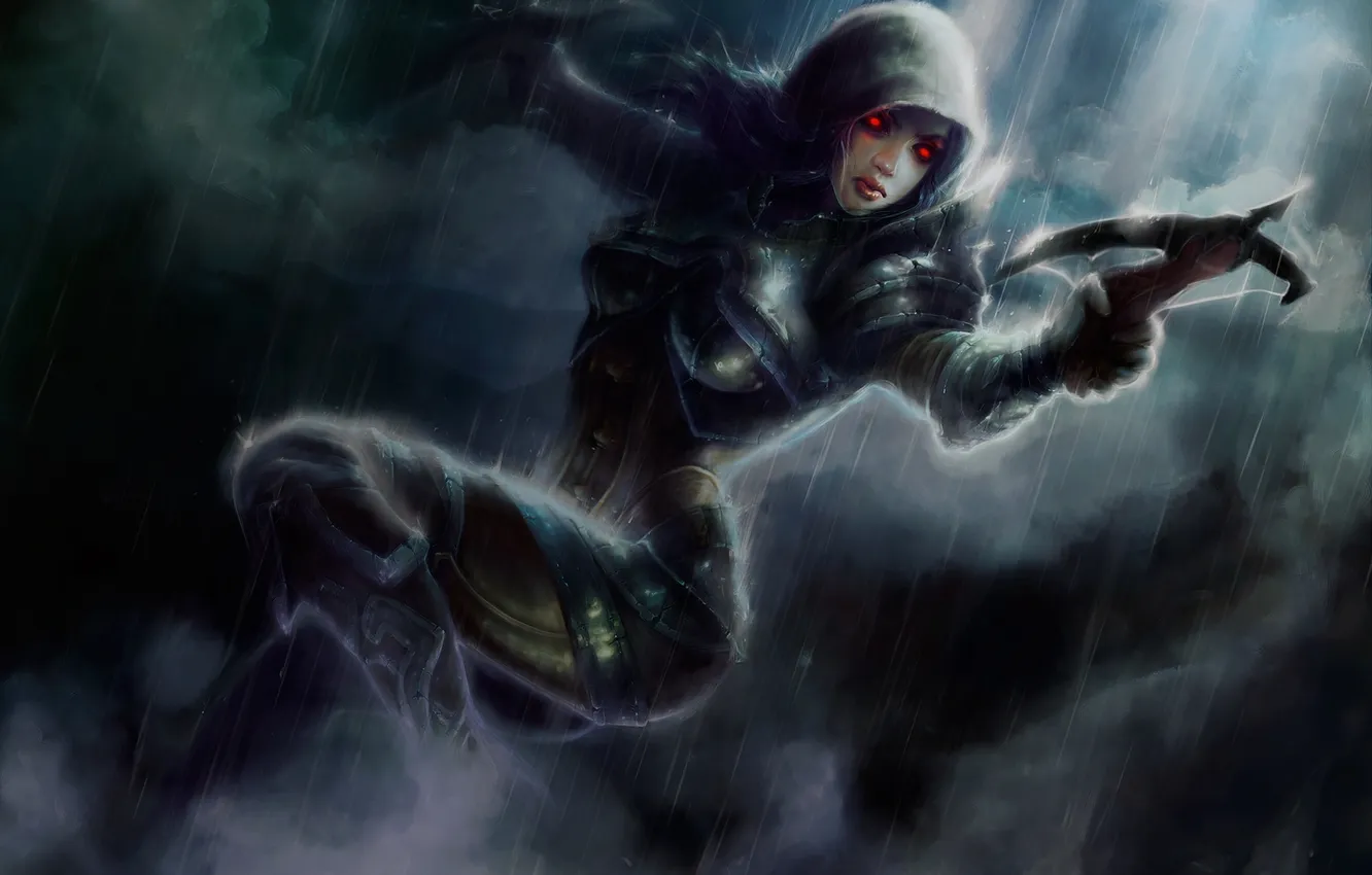 Photo wallpaper girl, glare, rain, armor, diablo, crossbow, Demon Hunter