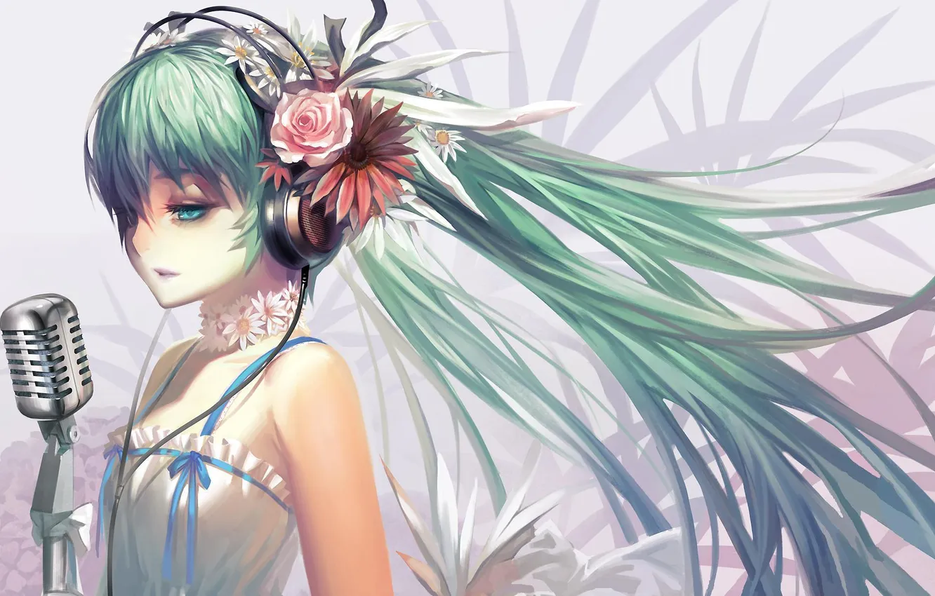 Photo wallpaper flowers, headphones, tape, microphone, vocaloid, hatsune miku, Vocaloid