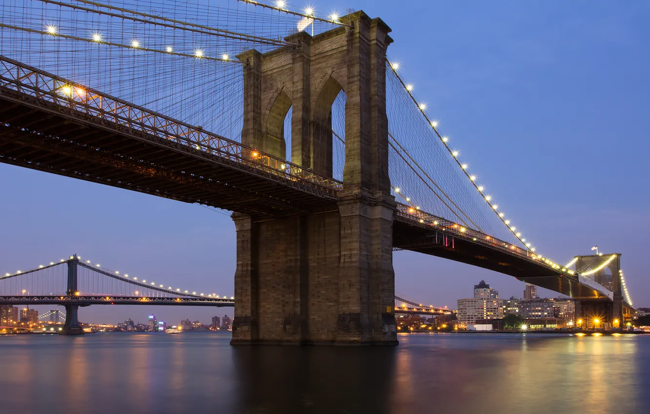 Photo wallpaper water, bridge, lights, new York, Manhattan, new york, manhattan, Brooklyn bridge