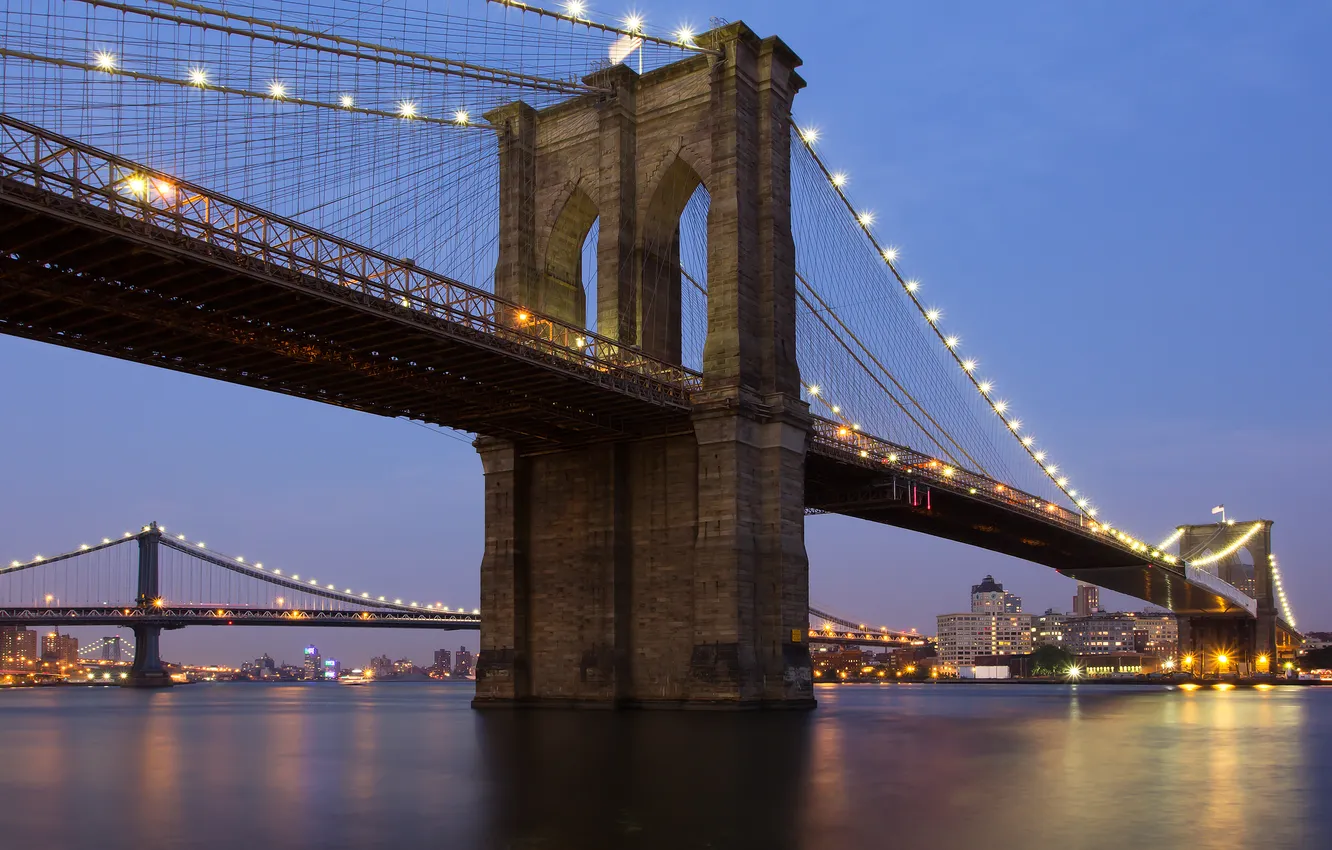 Photo wallpaper water, bridge, lights, New York, Brooklyn, Brooklyn bridge, Manhattan, New York