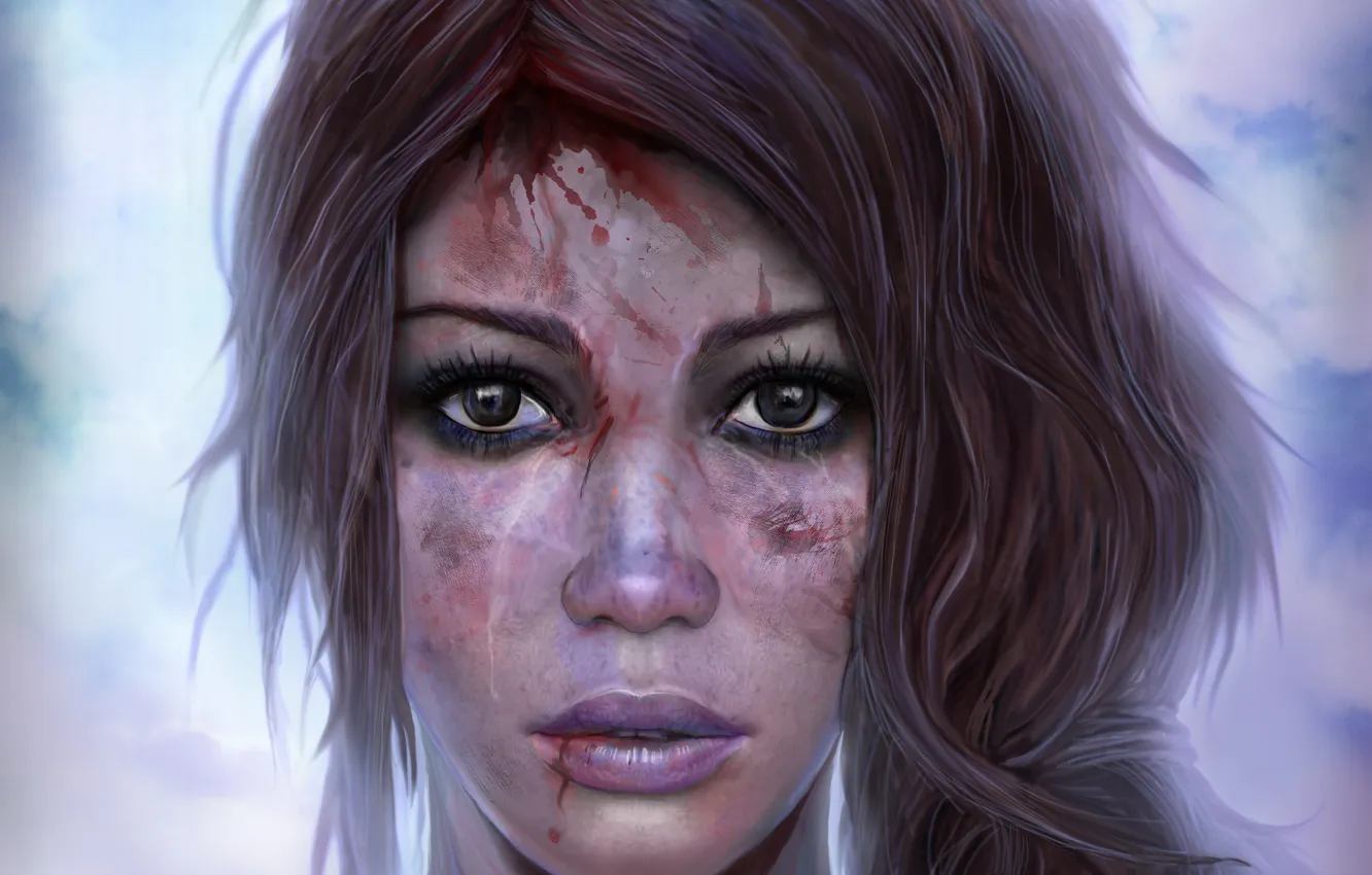 Photo wallpaper the sky, eyes, look, girl, clouds, face, background, blood