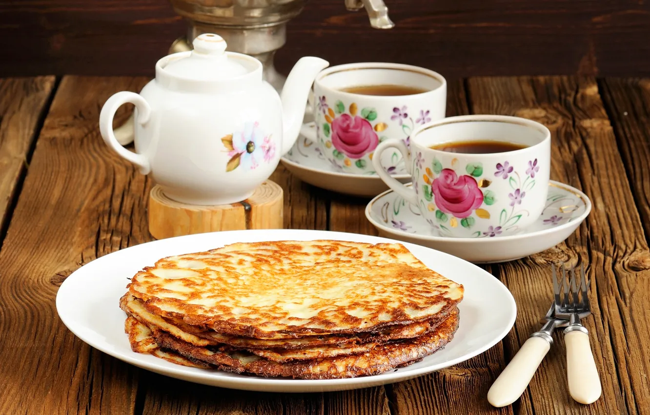 Photo wallpaper tea, kettle, Cup, pancakes, cakes, Carnival